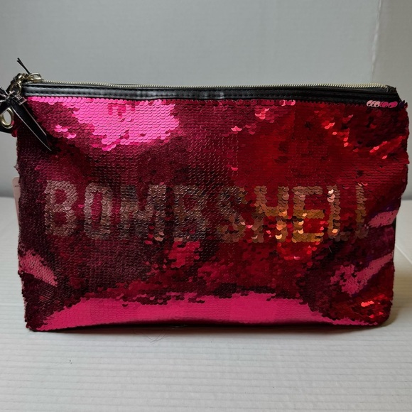 Victorias Secret Zip Pouch Bombshell All Over Sequins Hot Pink Rare Cosmetic Bag - Picture 1 of 6